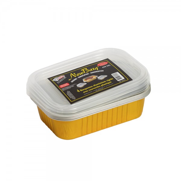 BARQUETTES ALU RIGIDES OR AVEC COUVERCLES PLASTIQUE 450ML - 4PC