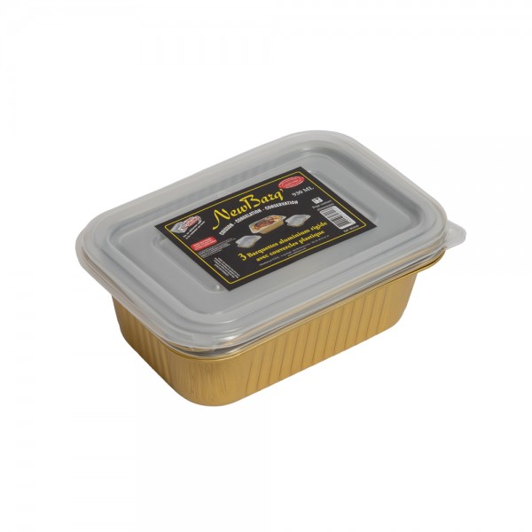 BARQUETTES ALU RIGIDES OR AVEC COUVERCLES PLASTIQUE 930ML - 3PC