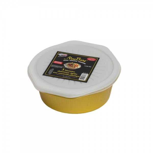MARMITES EN ALU RIGIDES OR AVEC COUVERCLES PLASTIQUE 1430ML - 2PC