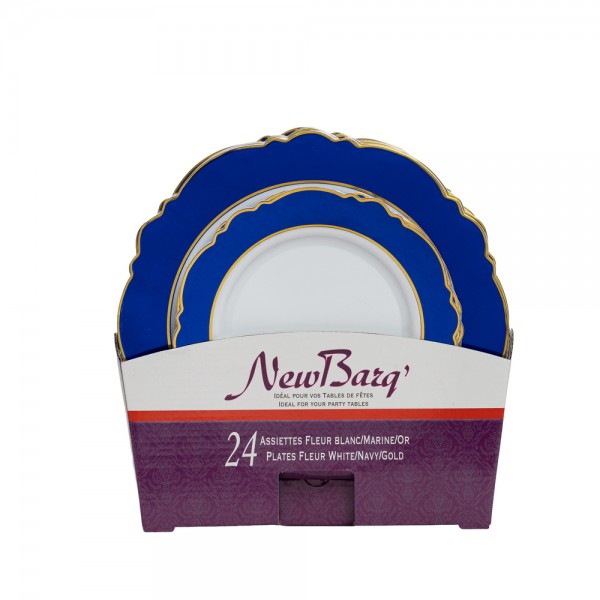 SET ASSIETTES FLEUR BLANC/MARINE/OR - 24 PIECES